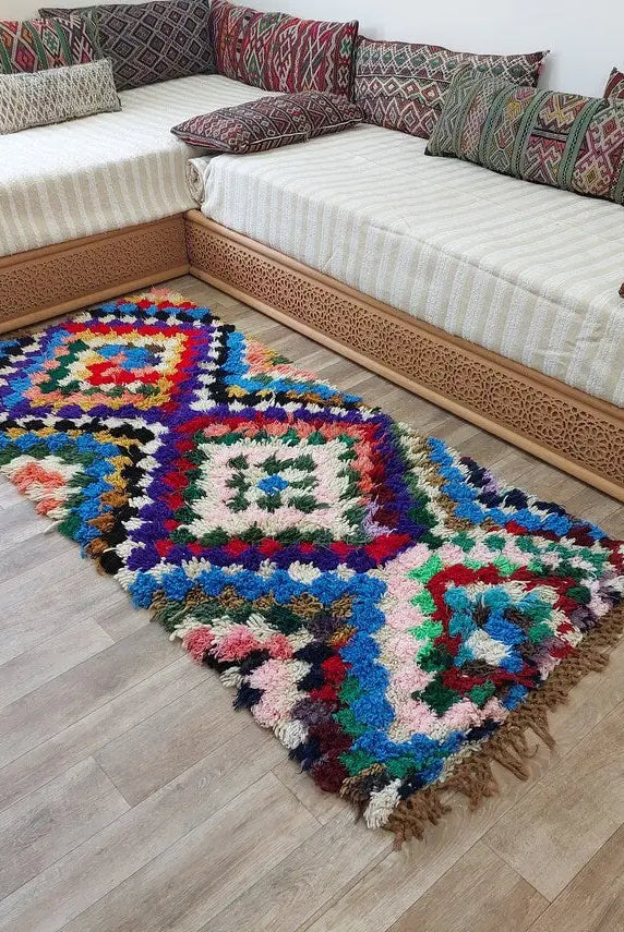 Moroccan Boucherouite Rug, 90 X 197cm, Authentic Berber Runner, Handmade Colorful Small Rug, Recycled Textile Rug MoroccanBazzArts