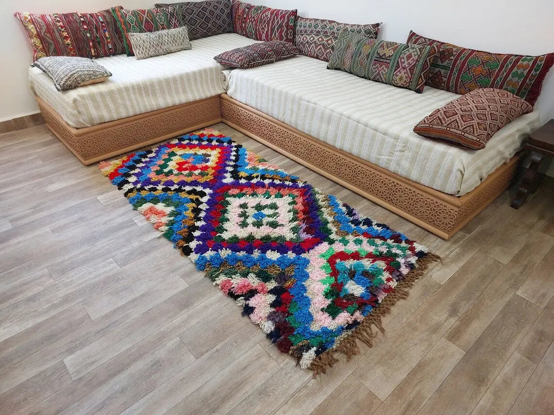 Moroccan Boucherouite Rug, 90 X 197cm, Authentic Berber Runner, Handmade Colorful Small Rug, Recycled Textile Rug MoroccanBazzArts