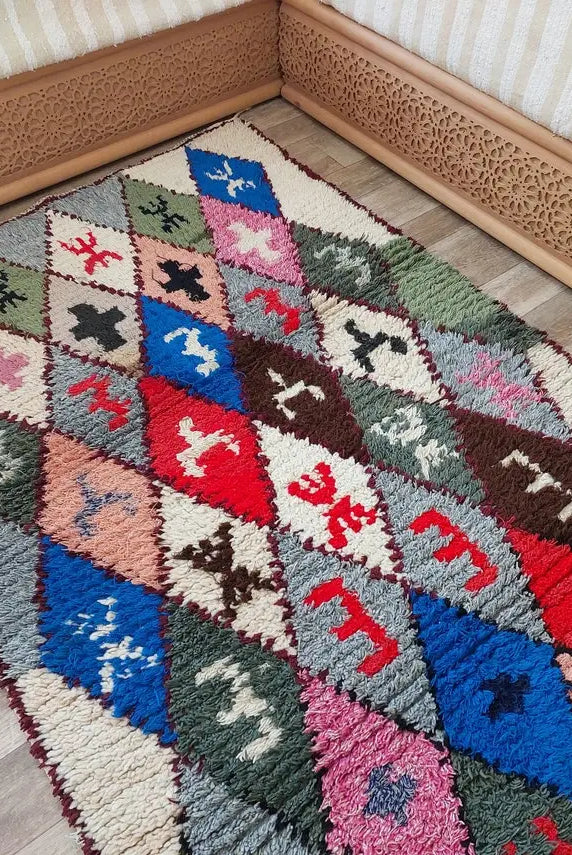 Small Moroccan Boucherouite Rug - Handmade Eco-Friendly - Bright, Bold Patterns 105 x 180cm MoroccanBazzArts