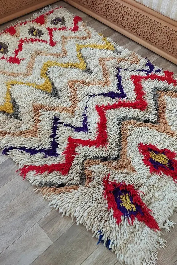 Vintage Moroccan Shaggy Rug: Artisan-Crafted Colorful Carpet, Authentic Berber Azilal Small Runner MoroccanBazzArts
