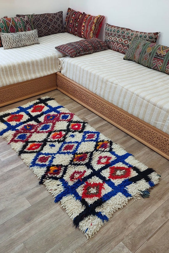 Colorful Floor Art Vintage Rug 2.6x5.8ft: Moroccan Berber Geometric Recycled Runner, Handcrafted Tribal Entryway Decor MoroccanBazzArts