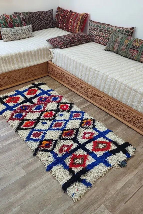 Colorful Floor Art Vintage Rug 2.6x5.8ft: Moroccan Berber Geometric Recycled Runner, Handcrafted Tribal Entryway Decor MoroccanBazzArts