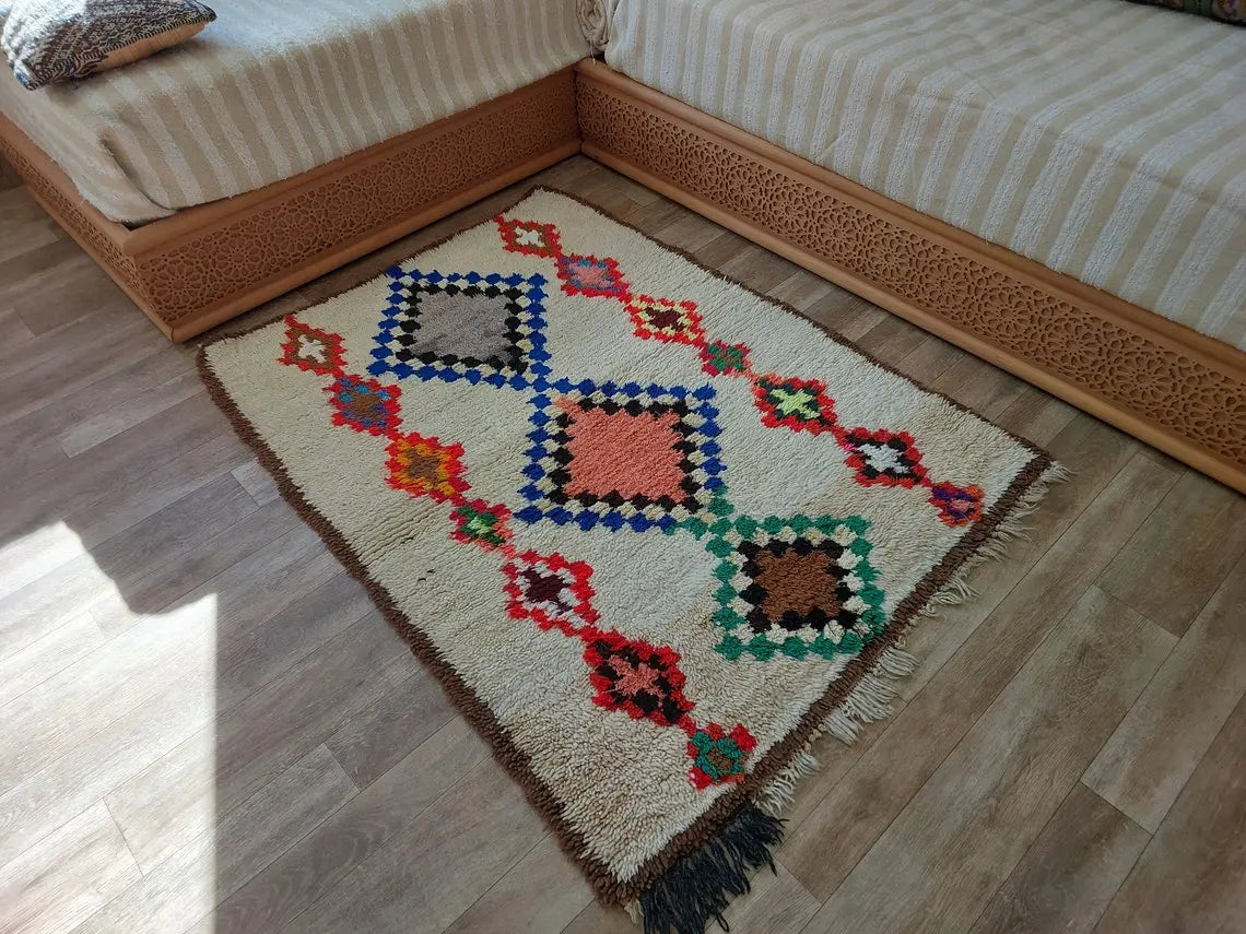 Vintage Berber Beni Ourain Carpet: Small Handknotted Moroccan Rug For Nursery, Living Room, Entryway MoroccanBazzArts