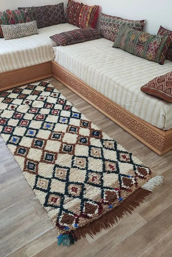 Authentic Vintage Moroccan Beni Ourain Runner Rug - Handmade Berber Carpet For Hallway Or Bedside MoroccanBazzArts