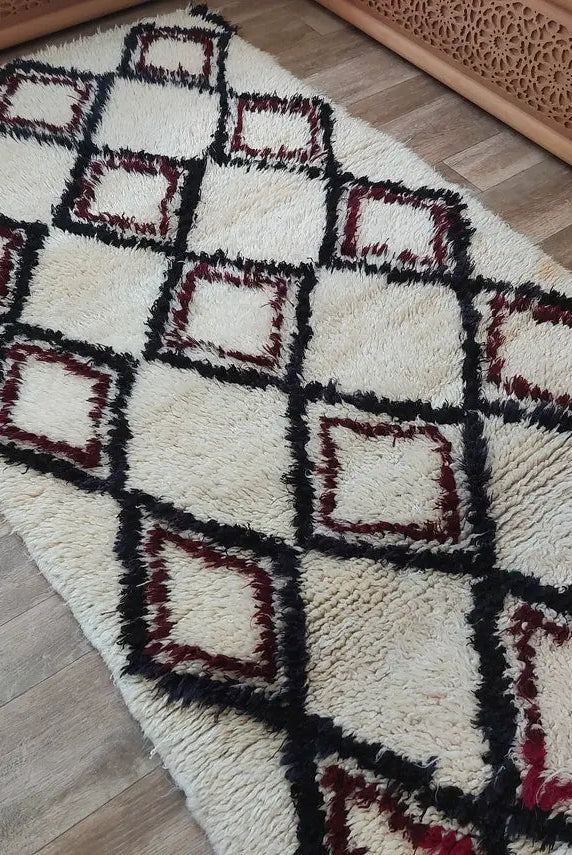 Vintage Beni Ourain Moroccan Rug: Small Handknotted Soft Fluffy Wool Carpet For Living Room MoroccanBazzArts