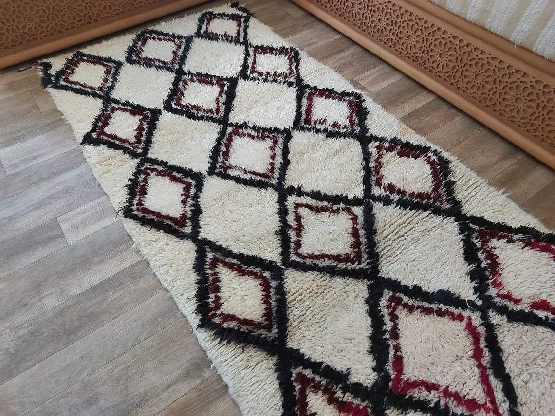 Vintage Beni Ourain Moroccan Rug: Small Handknotted Soft Fluffy Wool Carpet For Living Room MoroccanBazzArts