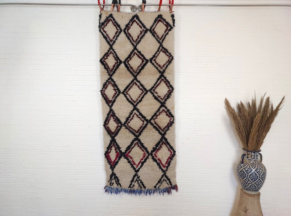 Vintage Beni Ourain Moroccan Rug: Small Handknotted Soft Fluffy Wool Carpet For Living Room MoroccanBazzArts