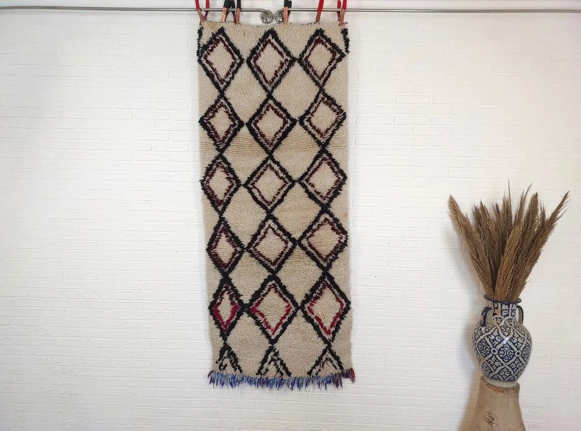 Vintage Beni Ourain Moroccan Rug: Small Handknotted Soft Fluffy Wool Carpet For Living Room MoroccanBazzArts