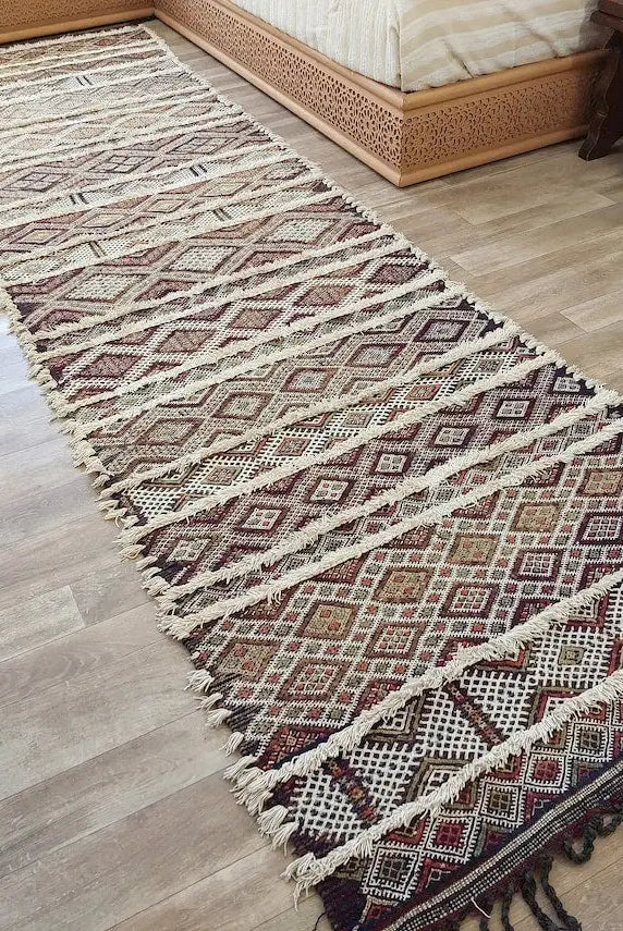 Berber Hallway Rug Blue: Vintage Moroccan Beni M'Guild Kilim Runner, Geometric Flatweave, Handwoven 11.7x3.3ft MoroccanBazzArts