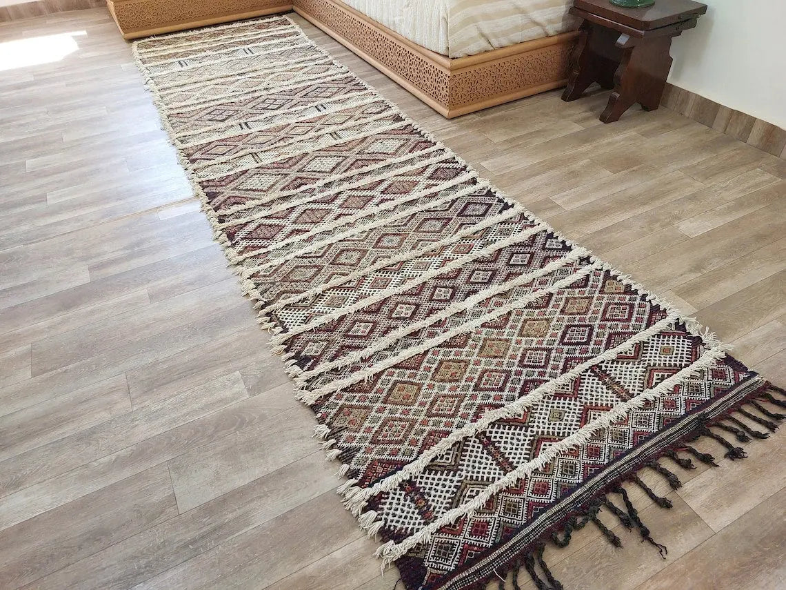 Berber Hallway Rug Blue: Vintage Moroccan Beni M'Guild Kilim Runner, Geometric Flatweave, Handwoven 11.7x3.3ft MoroccanBazzArts