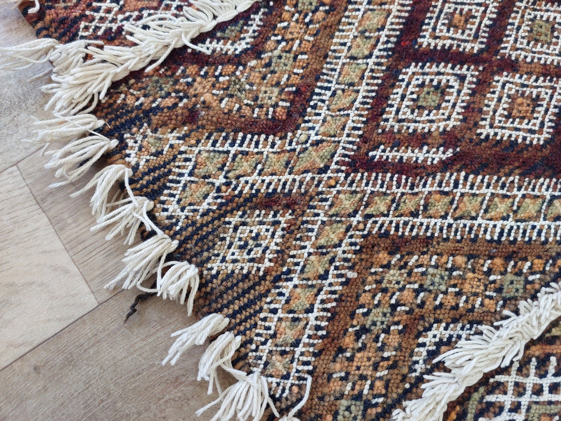Berber Hallway Rug Blue: Vintage Moroccan Beni M'Guild Kilim Runner, Geometric Flatweave, Handwoven 11.7x3.3ft MoroccanBazzArts