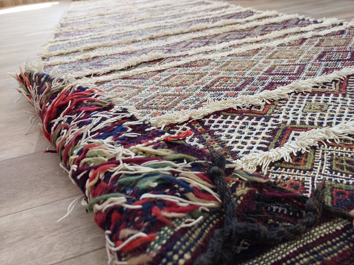 Berber Hallway Rug Blue: Vintage Moroccan Beni M'Guild Kilim Runner, Geometric Flatweave, Handwoven 11.7x3.3ft MoroccanBazzArts