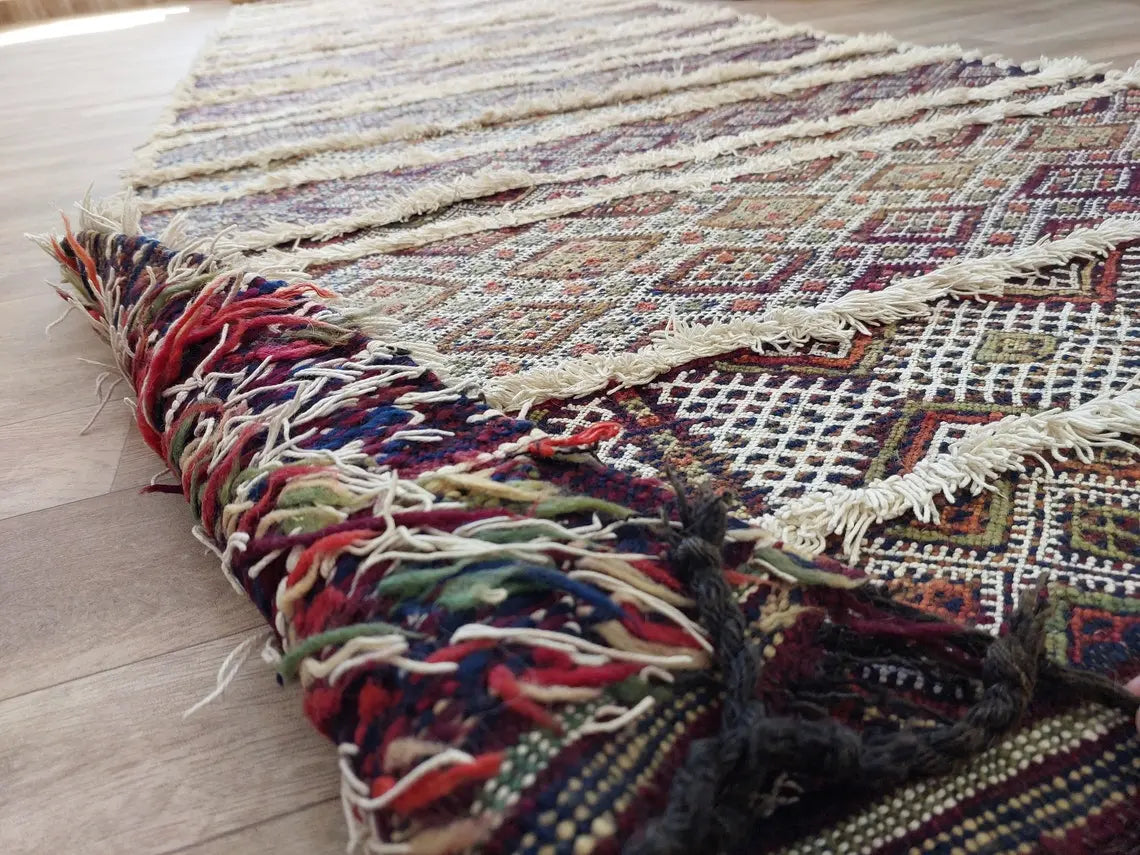 Berber Hallway Rug Blue: Vintage Moroccan Beni M'Guild Kilim Runner, Geometric Flatweave, Handwoven 11.7x3.3ft MoroccanBazzArts