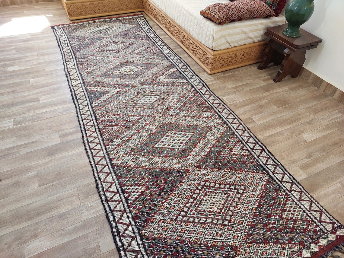 Rare Authentic Berber Beni Mguild Runner Rug: Handwoven Moroccan Kilim Tarahalt Artisan Carpet 4'1"x12'5" MoroccanBazzArts