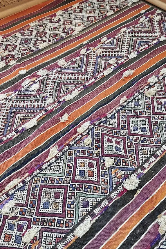 Mid Century Rug Blue Tarahalt Silk Wool 1950s Authentic Moroccan Flatweave Living Room Decor MoroccanBazzArts