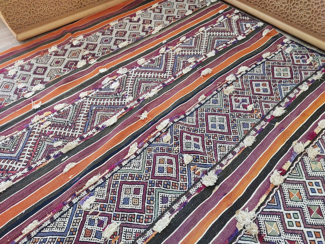 Mid Century Rug Blue Tarahalt Silk Wool 1950s Authentic Moroccan Flatweave Living Room Decor MoroccanBazzArts