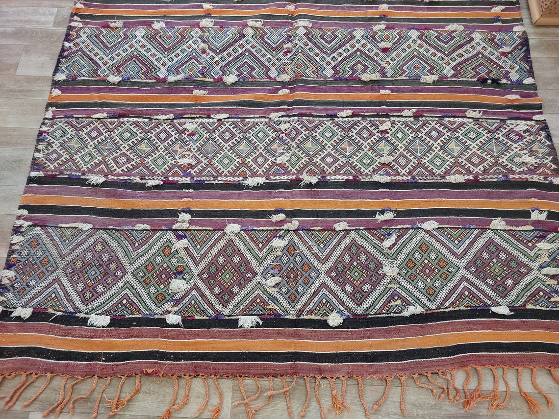 Mid Century Rug Blue Tarahalt Silk Wool 1950s Authentic Moroccan Flatweave Living Room Decor MoroccanBazzArts