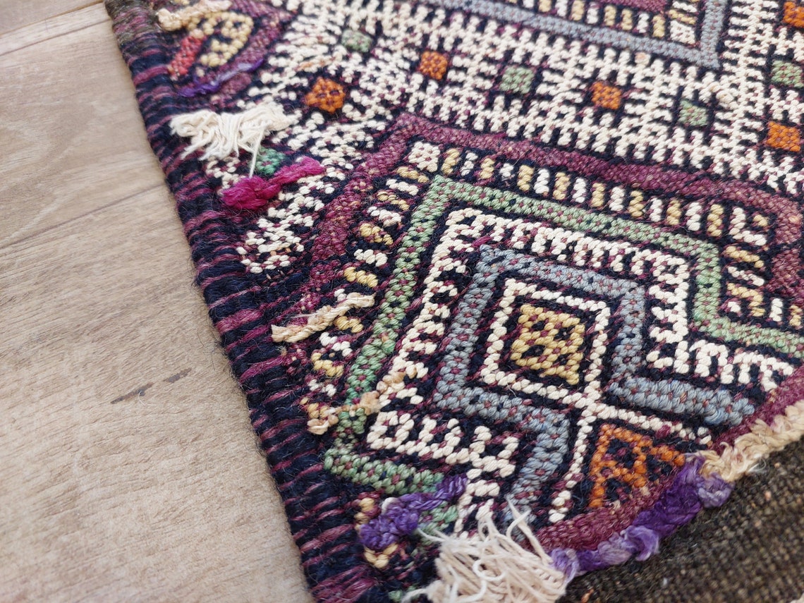 Mid Century Rug Blue Tarahalt Silk Wool 1950s Authentic Moroccan Flatweave Living Room Decor MoroccanBazzArts