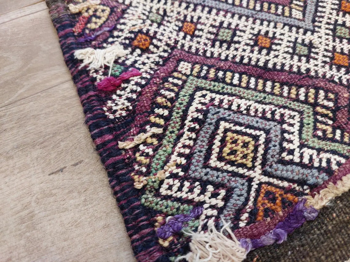Mid Century Rug Blue Tarahalt Silk Wool 1950s Authentic Moroccan Flatweave Living Room Decor MoroccanBazzArts