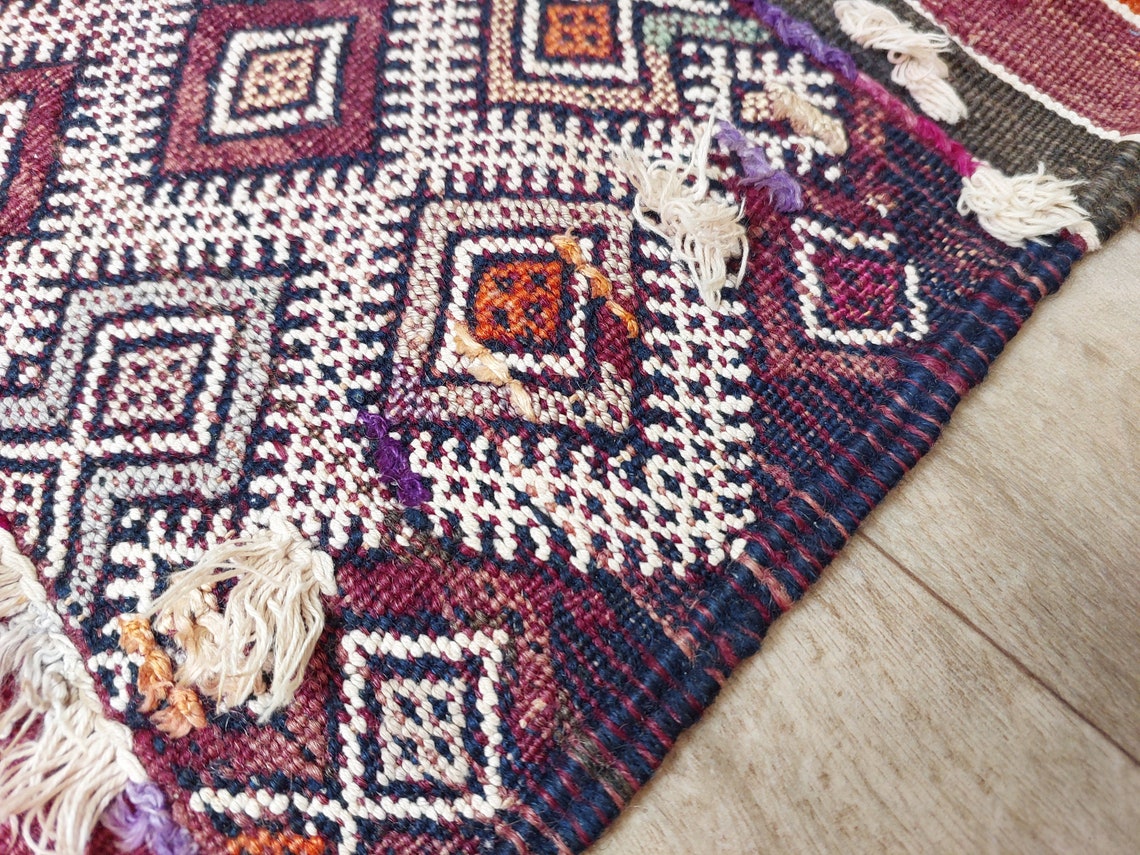 Mid Century Rug Blue Tarahalt Silk Wool 1950s Authentic Moroccan Flatweave Living Room Decor MoroccanBazzArts