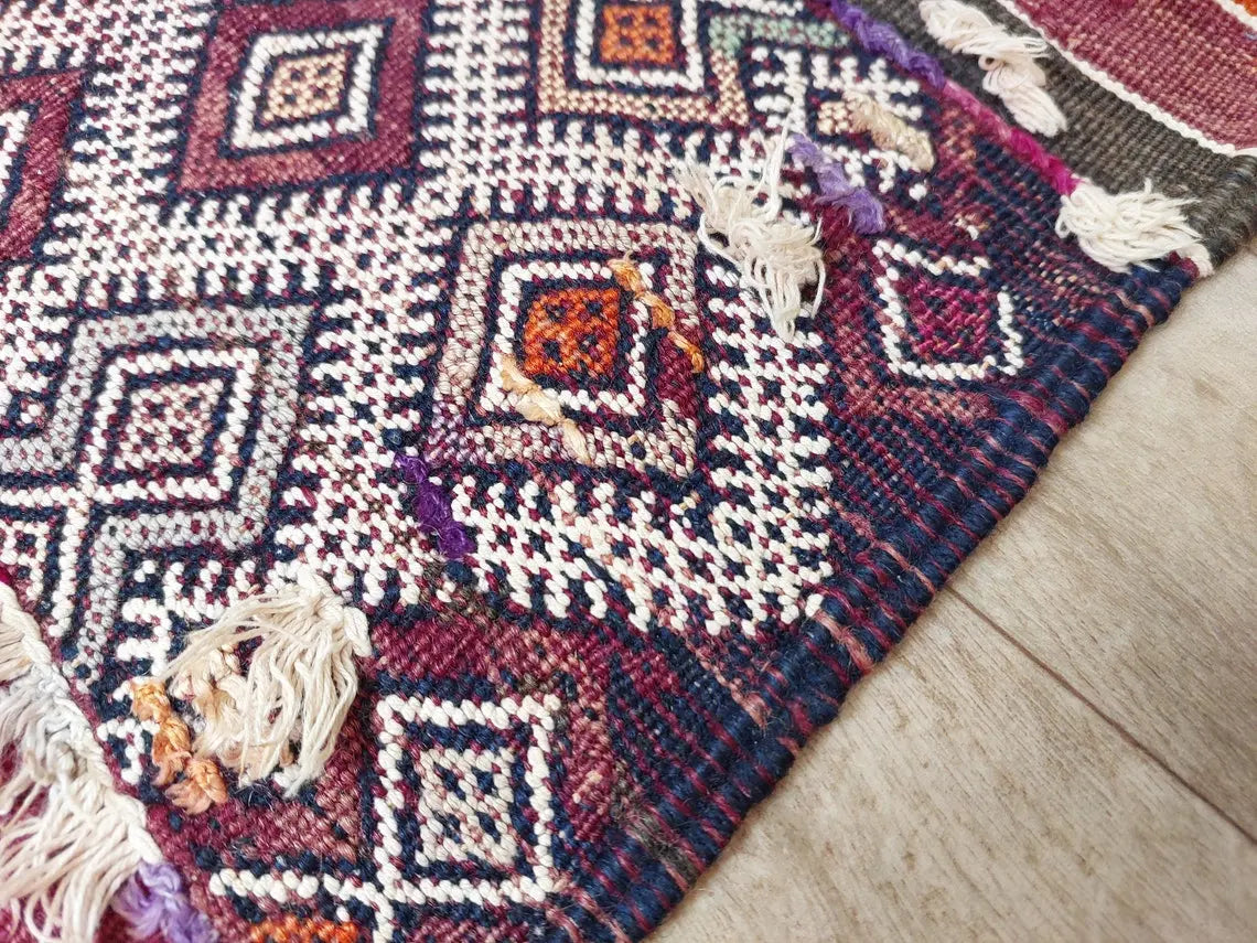 Mid Century Rug Blue Tarahalt Silk Wool 1950s Authentic Moroccan Flatweave Living Room Decor MoroccanBazzArts