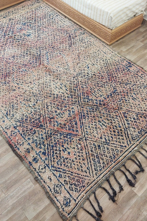 Vintage Moroccan Rug: Handknotted Wool Zayan Indigo Blue 7.3x11.7 Ft MoroccanBazzArts