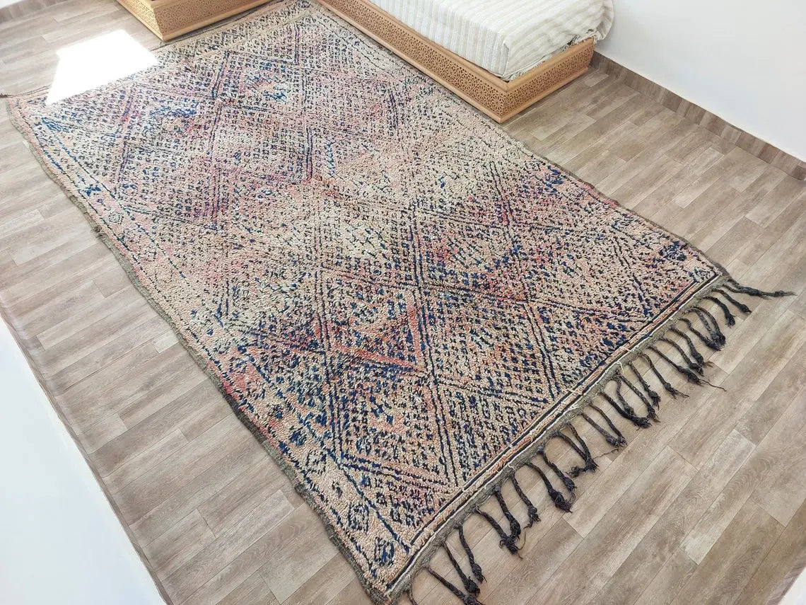 Vintage Moroccan Rug: Handknotted Wool Zayan Indigo Blue 7.3x11.7 Ft MoroccanBazzArts