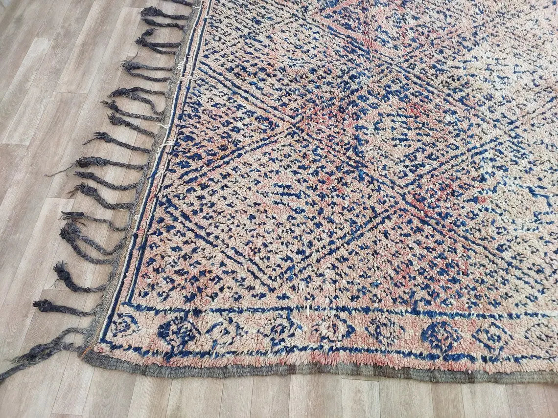 Vintage Moroccan Rug: Handknotted Wool Zayan Indigo Blue 7.3x11.7 Ft MoroccanBazzArts