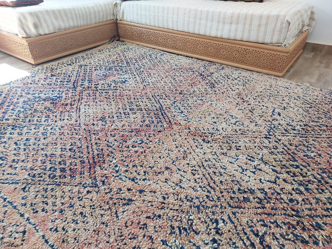 Vintage Moroccan Rug: Handknotted Wool Zayan Indigo Blue 7.3x11.7 Ft MoroccanBazzArts