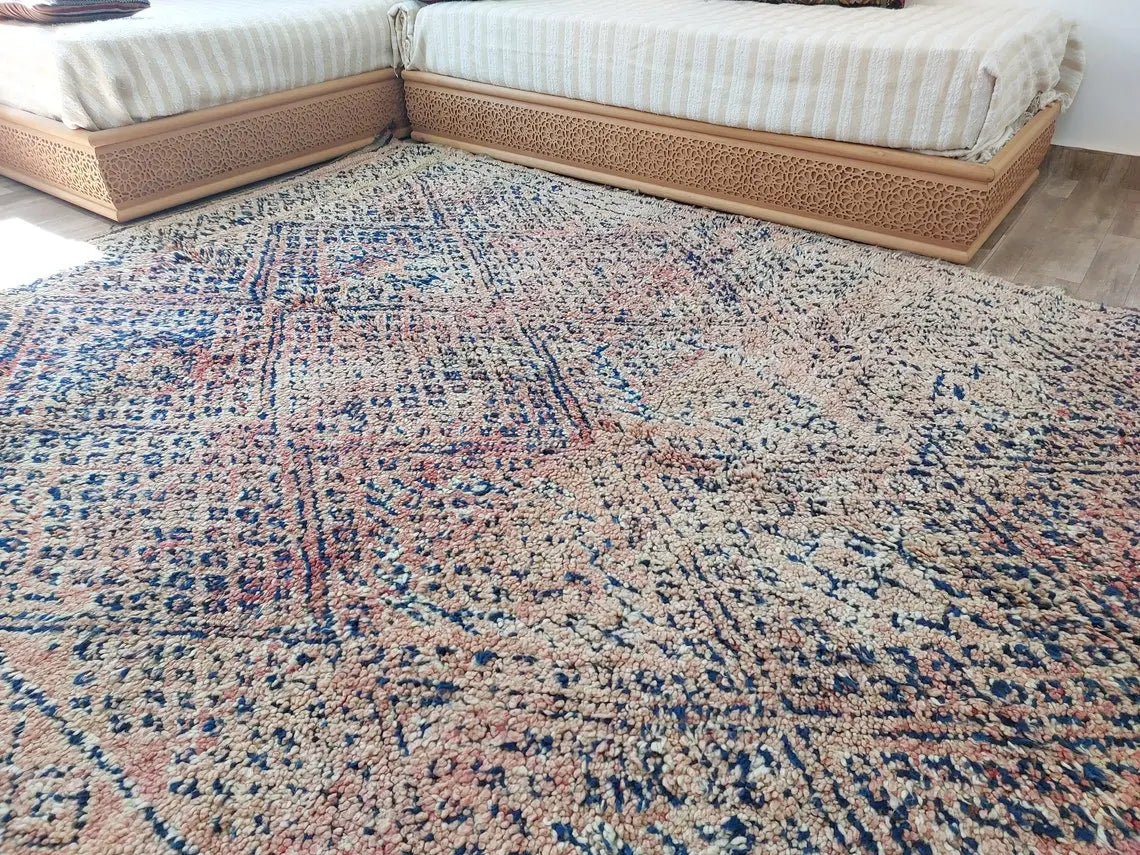 Vintage Moroccan Rug: Handknotted Wool Zayan Indigo Blue 7.3x11.7 Ft MoroccanBazzArts