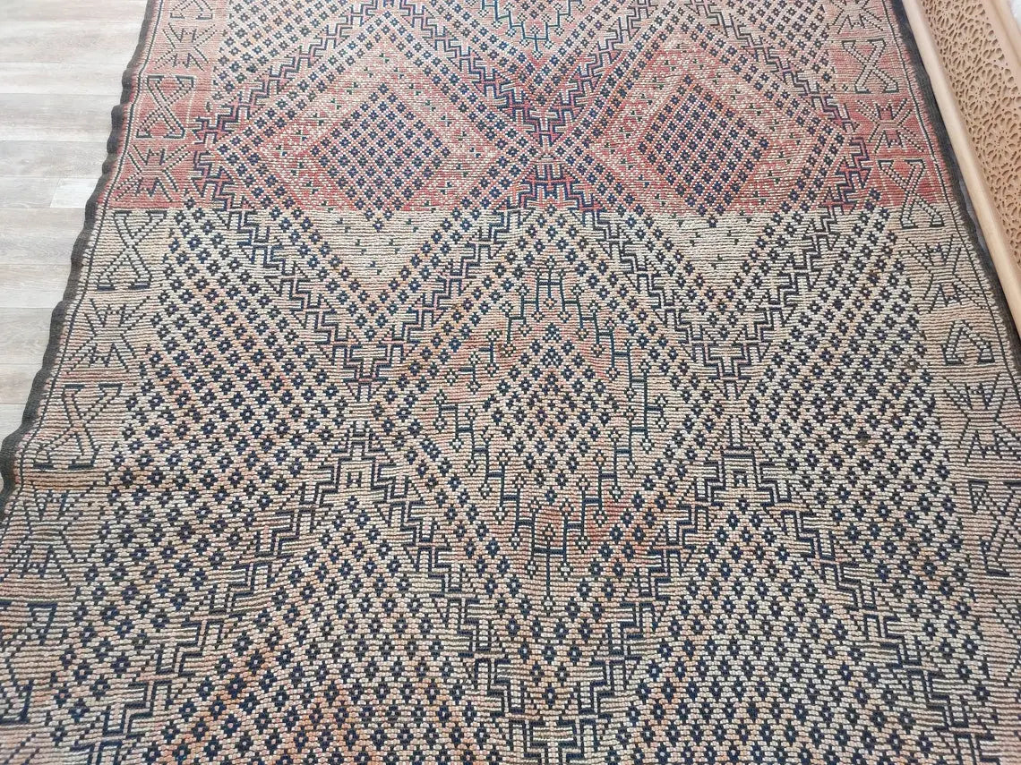 Vintage Reversible Moroccan Zayan Rug: Authentic Handmade Indigo Blue Area Carpet For Living Room (5.10x8.2 Ft) MoroccanBazzArts