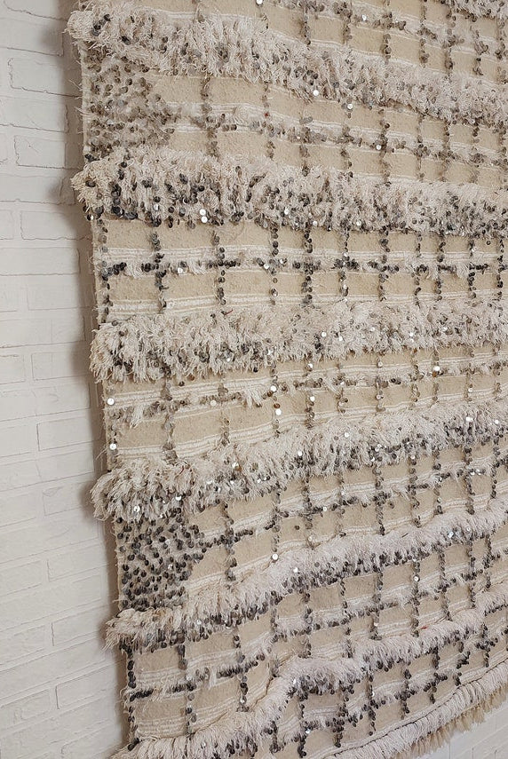 Cream Wool Blanket With Sequins: Handwoven Moroccan Throw, Off White Bedspread, Berber Style Rug MoroccanBazzArts