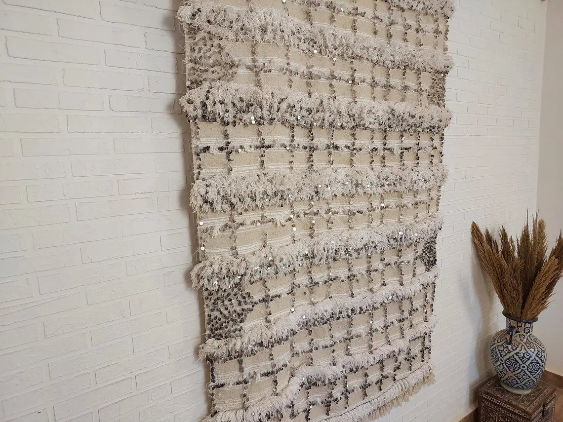 Cream Wool Blanket With Sequins: Handwoven Moroccan Throw, Off White Bedspread, Berber Style Rug MoroccanBazzArts