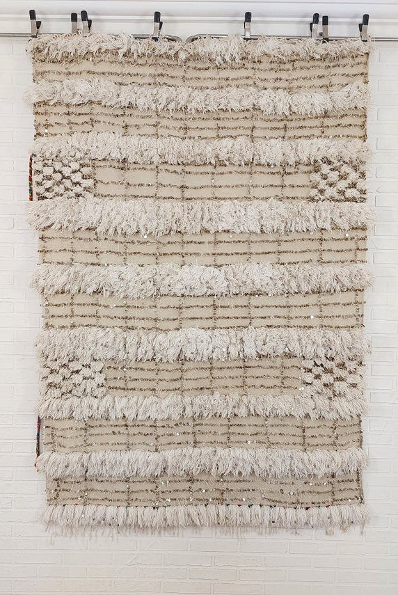 Wedding Blanket Moroccan Wool Cotton Throw With Sequins, Neutral Boho Berber Bed Cover Or Wall Tapestry Decor MoroccanBazzArts