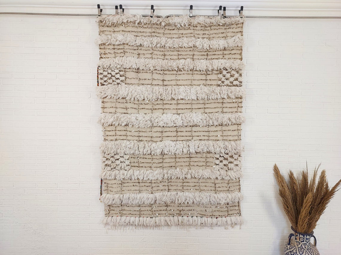 Wedding Blanket Moroccan Wool Cotton Throw With Sequins, Neutral Boho Berber Bed Cover Or Wall Tapestry Decor MoroccanBazzArts
