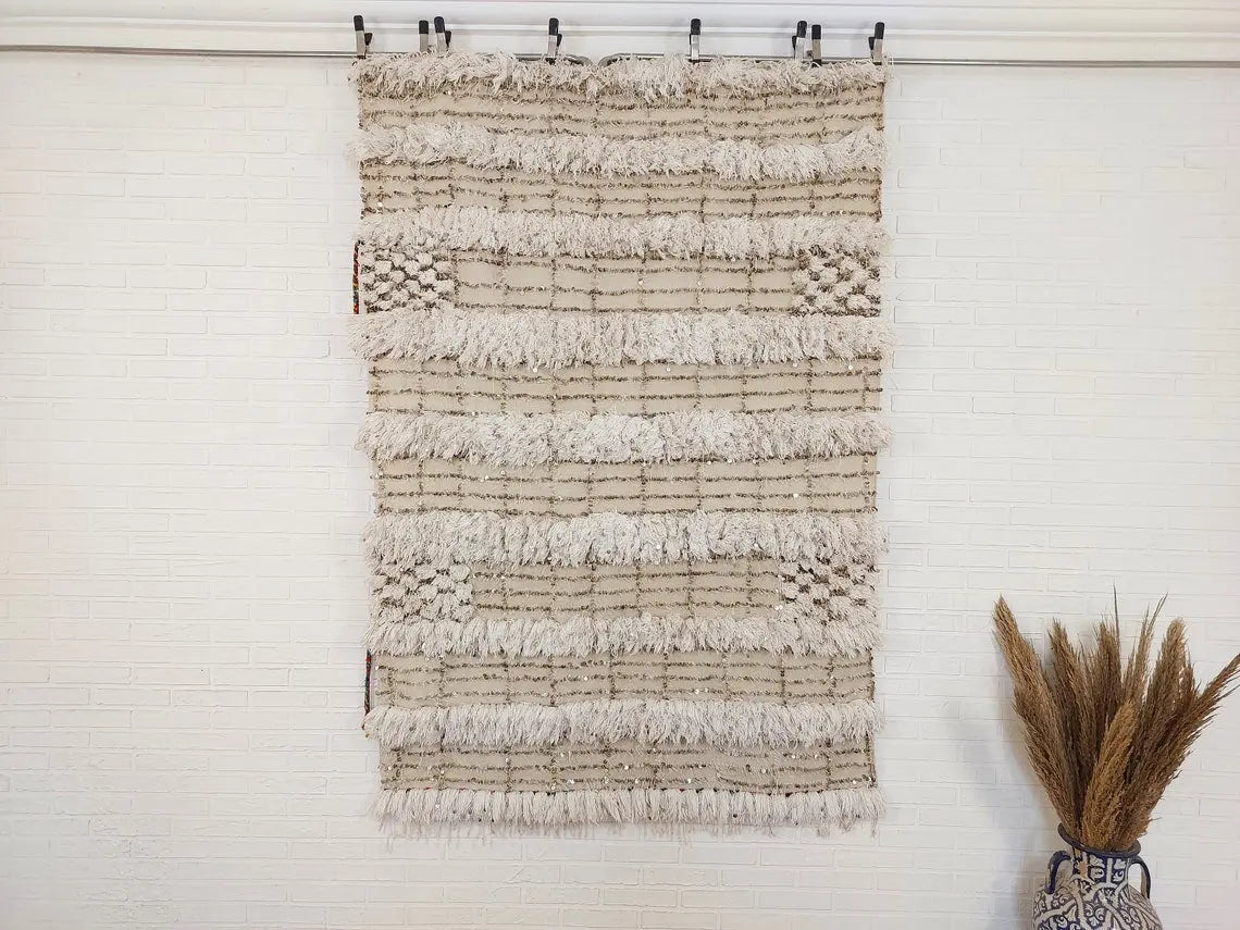Wedding Blanket Moroccan Wool Cotton Throw With Sequins, Neutral Boho Berber Bed Cover Or Wall Tapestry Decor MoroccanBazzArts