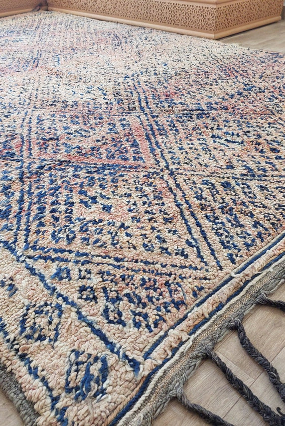 Vintage Moroccan Rug: Handknotted Wool Zayan Indigo Blue 7.3x11.7 Ft MoroccanBazzArts