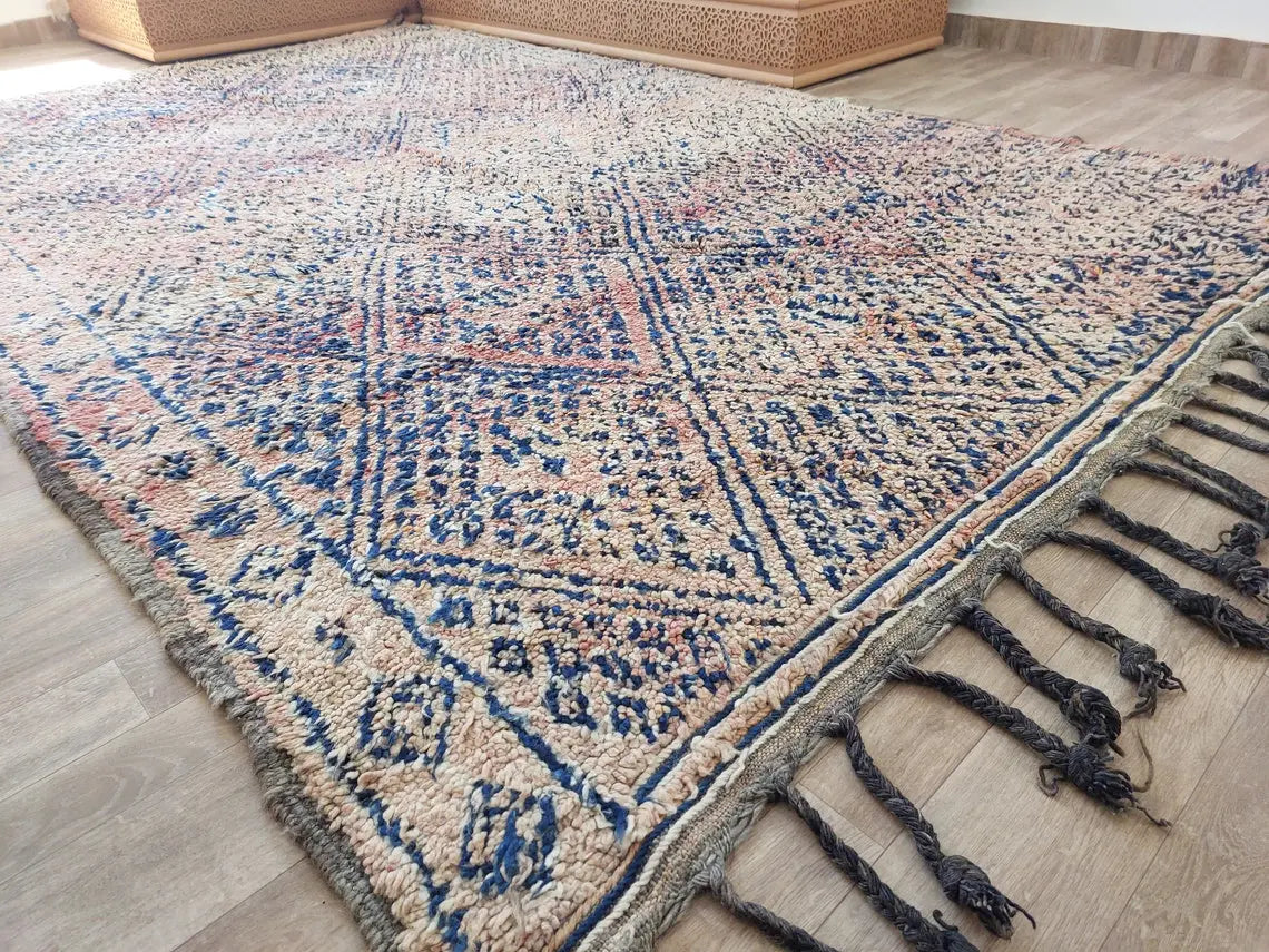 Vintage Moroccan Rug: Handknotted Wool Zayan Indigo Blue 7.3x11.7 Ft MoroccanBazzArts