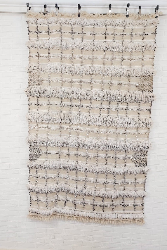 Cream Wool Blanket With Sequins: Handwoven Moroccan Throw, Off White Bedspread, Berber Style Rug MoroccanBazzArts