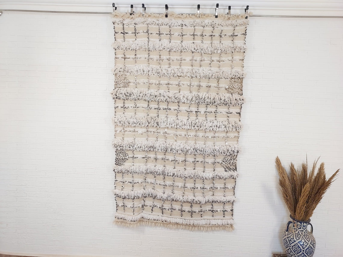 Cream Wool Blanket With Sequins: Handwoven Moroccan Throw, Off White Bedspread, Berber Style Rug MoroccanBazzArts