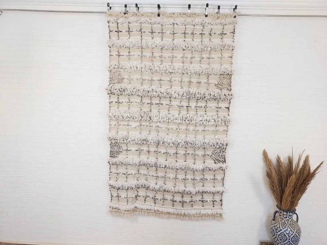 Cream Wool Blanket With Sequins: Handwoven Moroccan Throw, Off White Bedspread, Berber Style Rug MoroccanBazzArts
