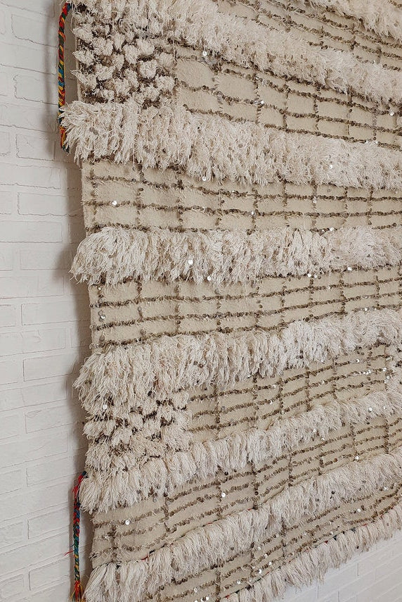 Wedding Blanket Moroccan Wool Cotton Throw With Sequins, Neutral Boho Berber Bed Cover Or Wall Tapestry Decor MoroccanBazzArts