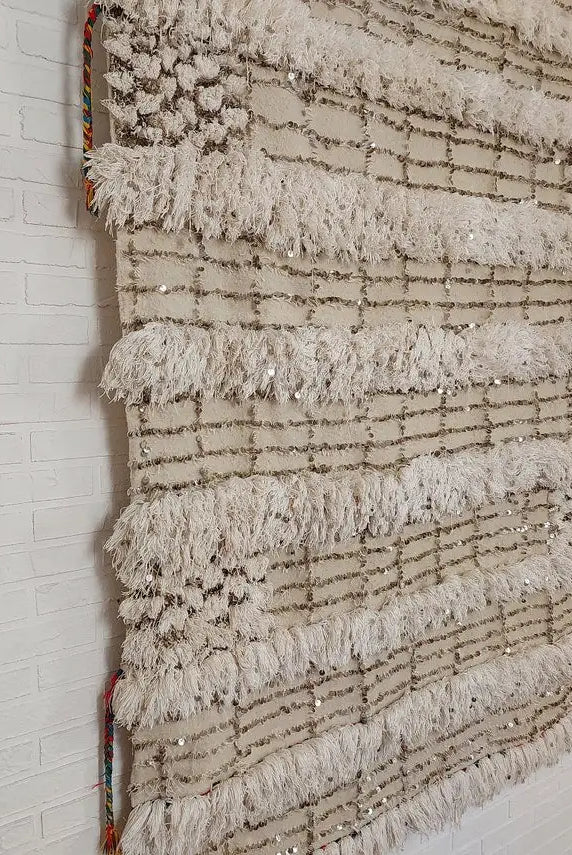Wedding Blanket Moroccan Wool Cotton Throw With Sequins, Neutral Boho Berber Bed Cover Or Wall Tapestry Decor MoroccanBazzArts