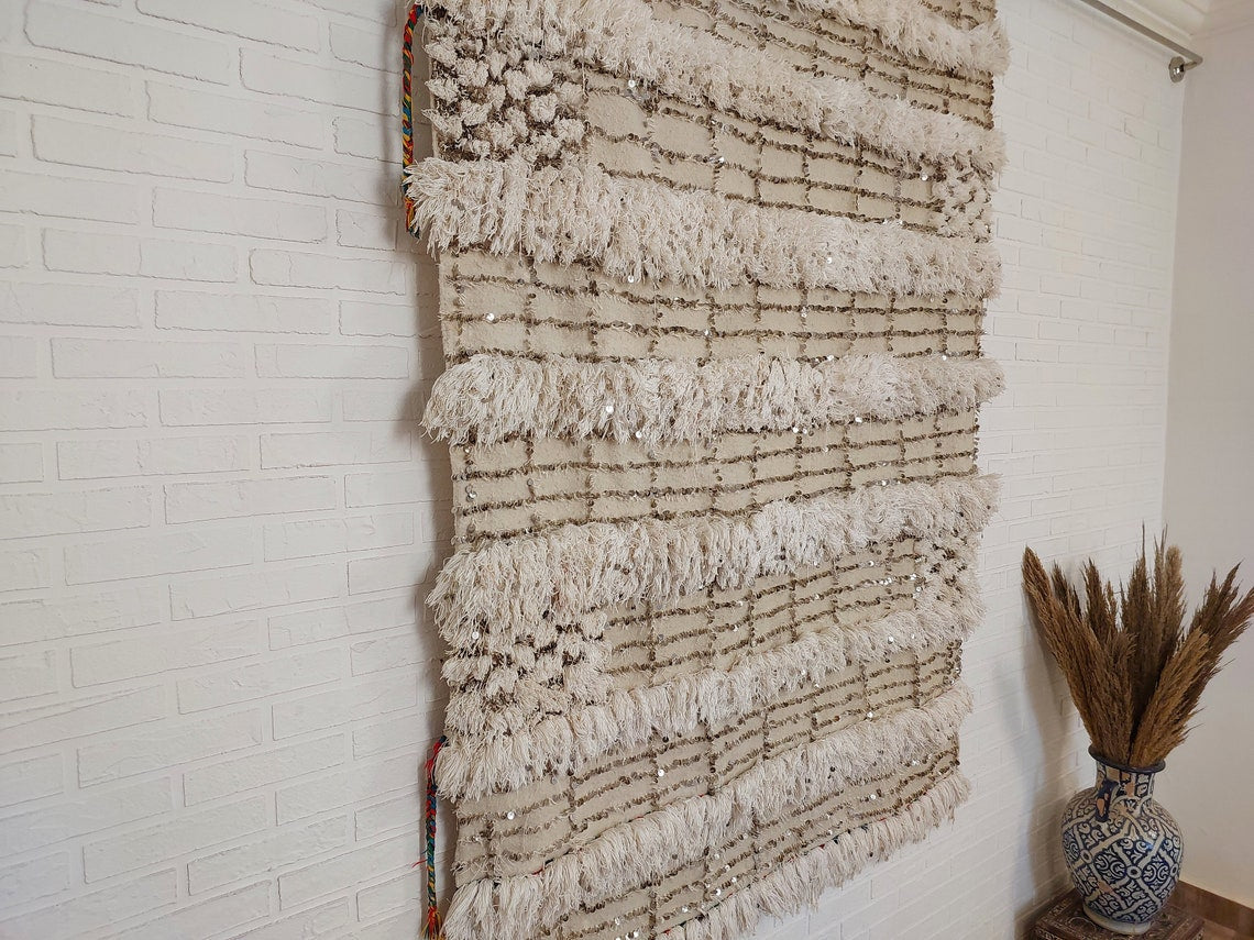 Wedding Blanket Moroccan Wool Cotton Throw With Sequins, Neutral Boho Berber Bed Cover Or Wall Tapestry Decor MoroccanBazzArts