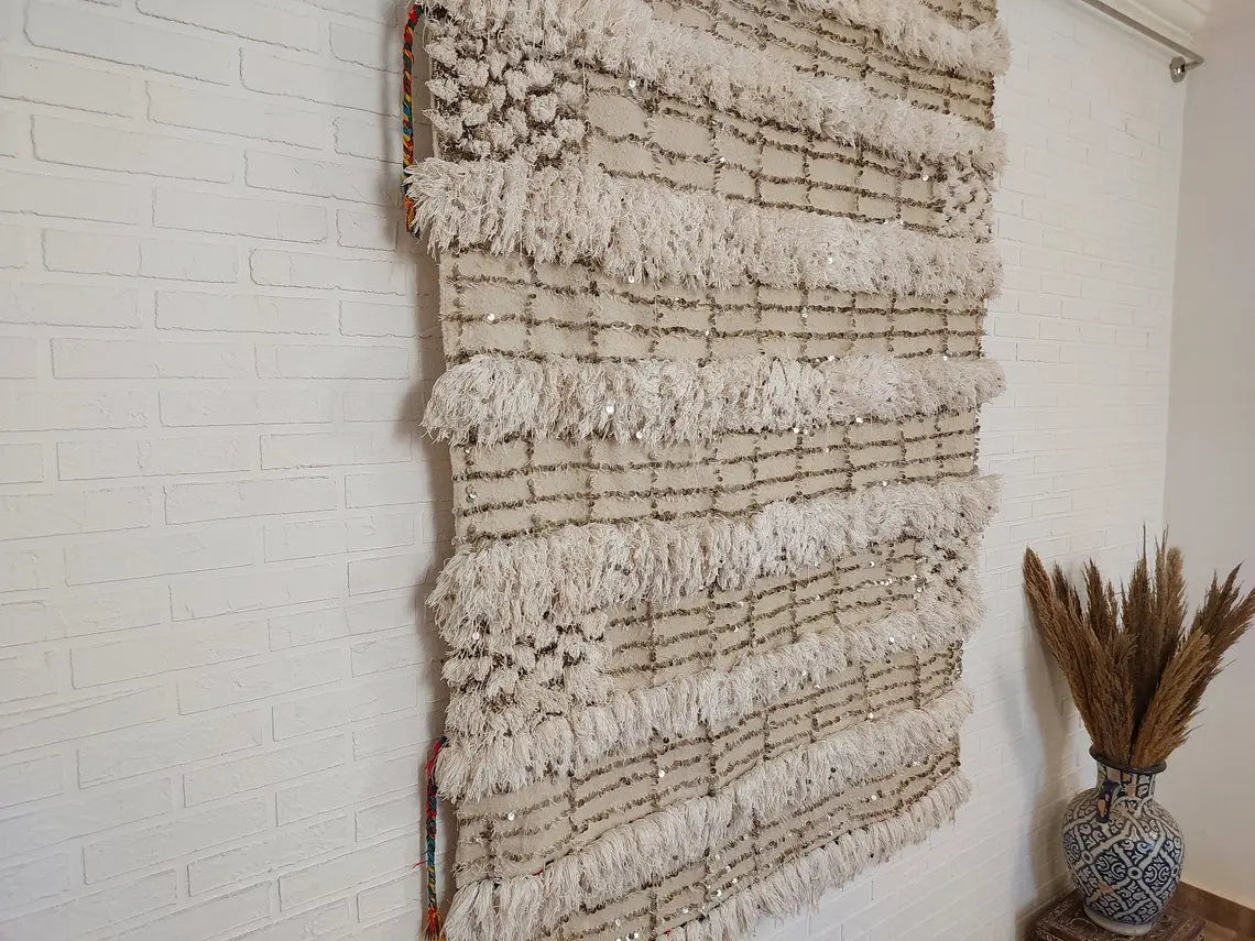 Wedding Blanket Moroccan Wool Cotton Throw With Sequins, Neutral Boho Berber Bed Cover Or Wall Tapestry Decor MoroccanBazzArts