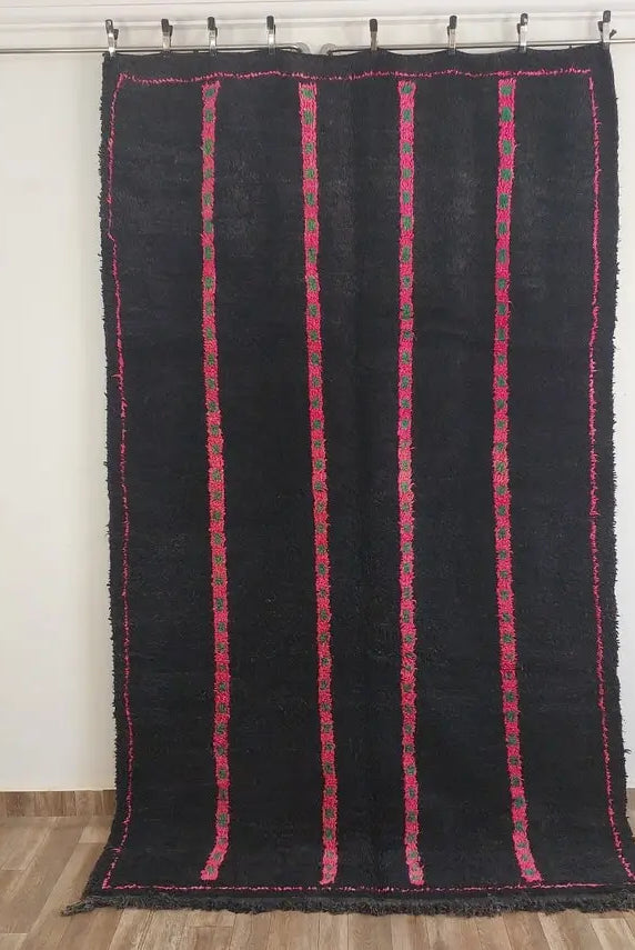 Authentic Handknotted Moroccan Boujaad Rug - Black With Pink And Green Accents - Vintage Berber Carpet MoroccanBazzArts