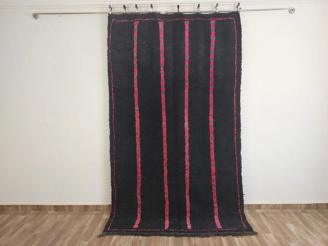 Authentic Handknotted Moroccan Boujaad Rug - Black With Pink And Green Accents - Vintage Berber Carpet MoroccanBazzArts