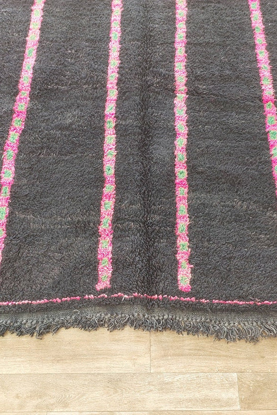 Authentic Handknotted Moroccan Boujaad Rug - Black With Pink And Green Accents - Vintage Berber Carpet MoroccanBazzArts