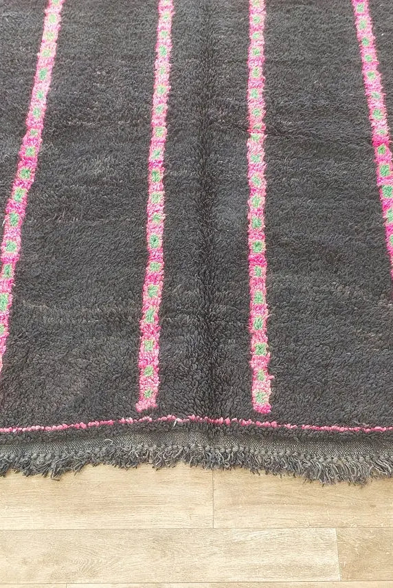 Authentic Handknotted Moroccan Boujaad Rug - Black With Pink And Green Accents - Vintage Berber Carpet MoroccanBazzArts