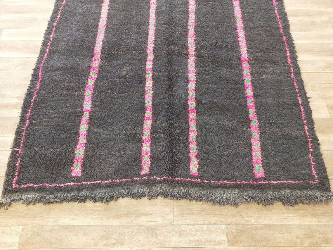 Authentic Handknotted Moroccan Boujaad Rug - Black With Pink And Green Accents - Vintage Berber Carpet MoroccanBazzArts